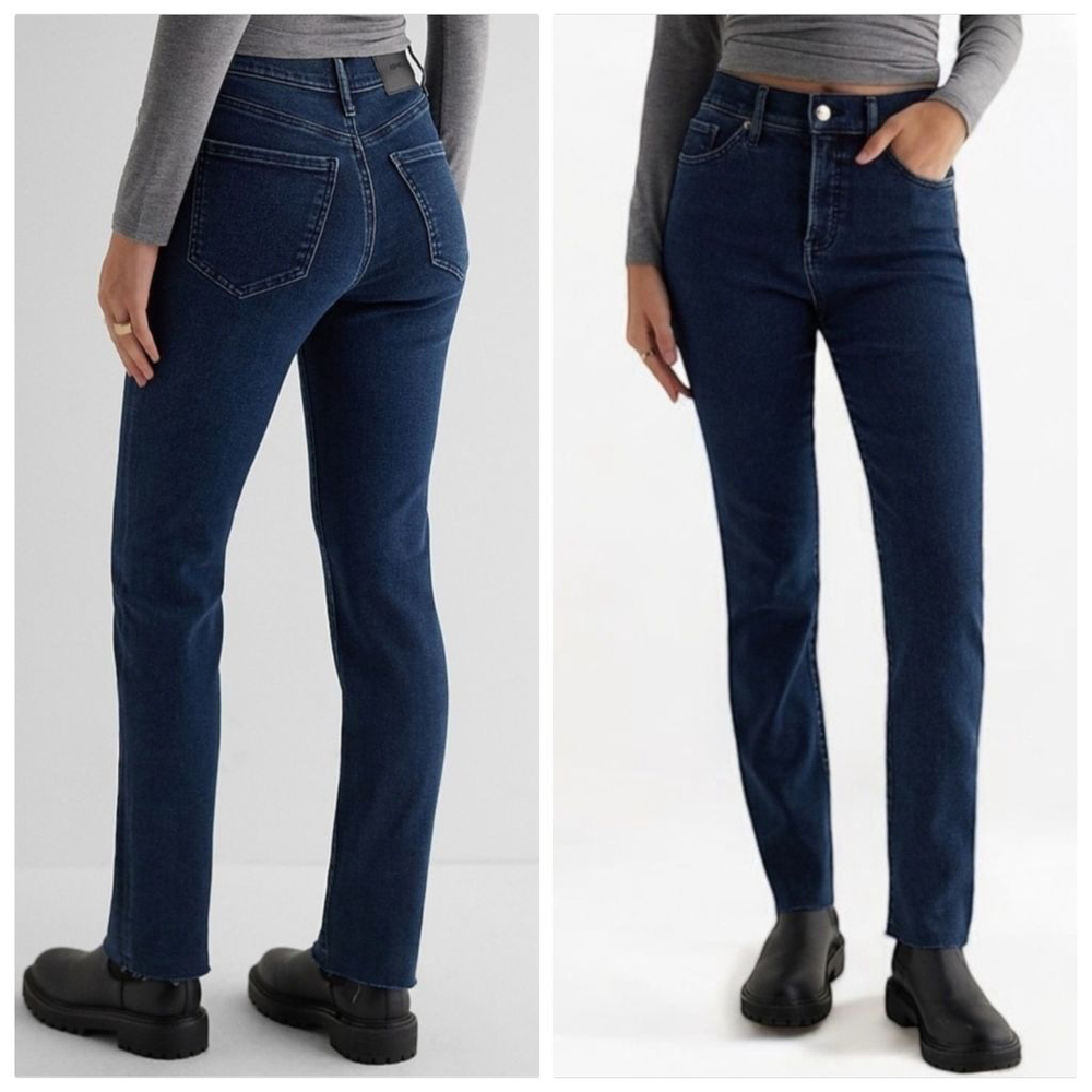 NEW Express 90s Slim High Rise Frayed Dark Indigo Wash Straight Leg 0 Jeans